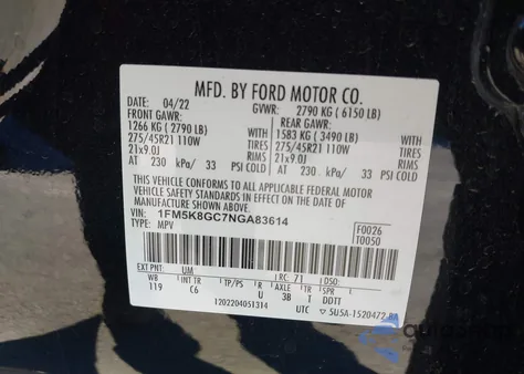 2022 Ford Explorer St from USA, damaged, VIN 1FM5K8GC7NGA83614